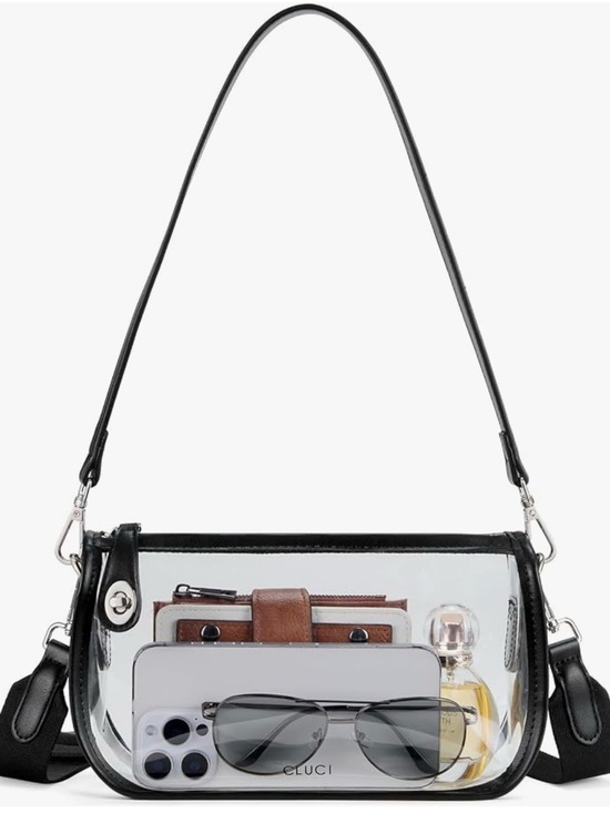 Cluci Handbags - Clear Black Trim Shoulder Bag with Detachable Strap (stadium friendly)
